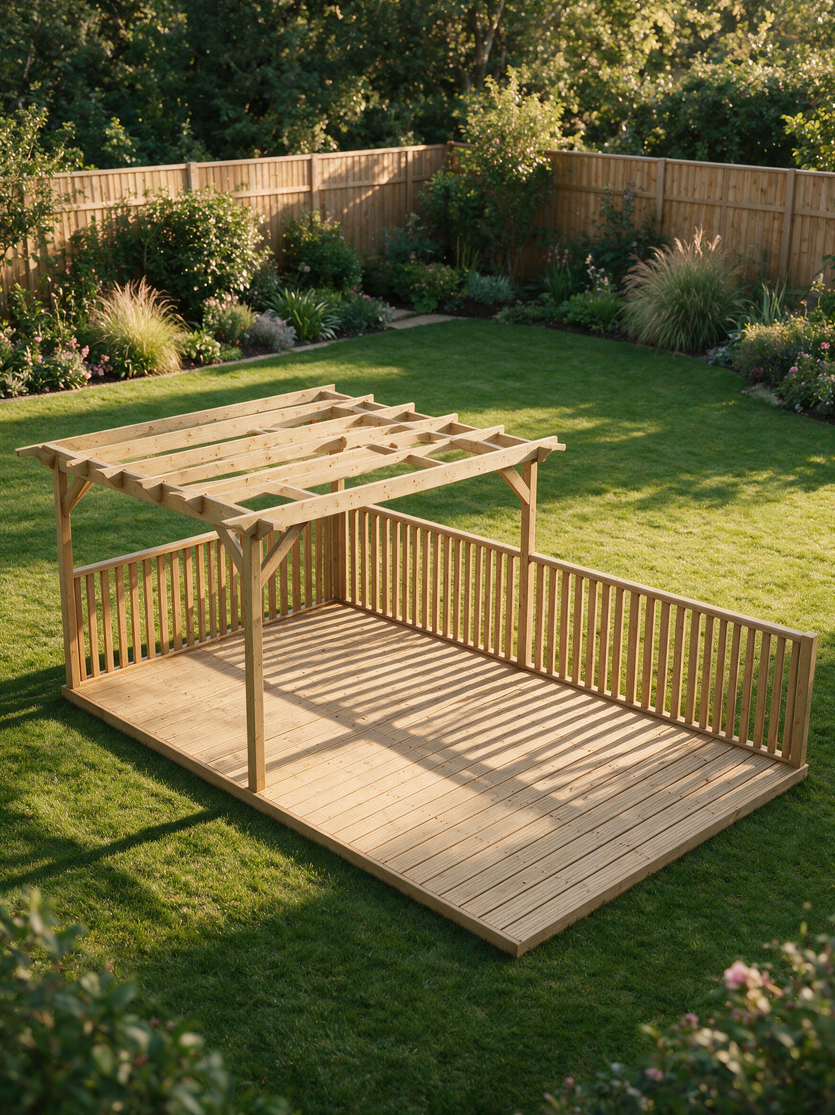 V.8 Rectangular Pressure-Treated Timber Pergola, Decking & Balustrade Kit – Half-Length Open-Rafter Outdoor Seating Platform
