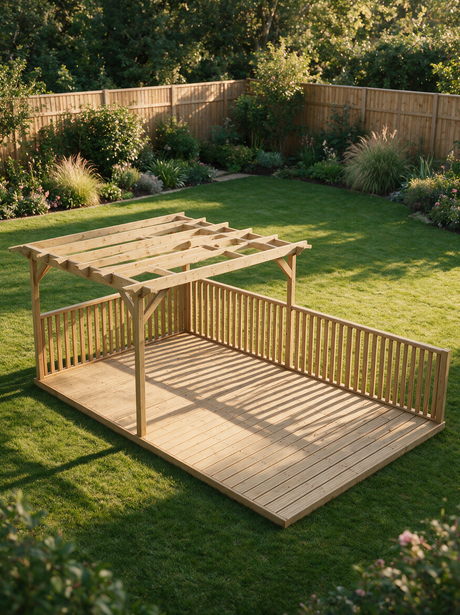 V.8 Rectangular Pressure-Treated Timber Pergola, Decking & Balustrade Kit – Half-Length Open-Rafter Outdoor Seating Platform