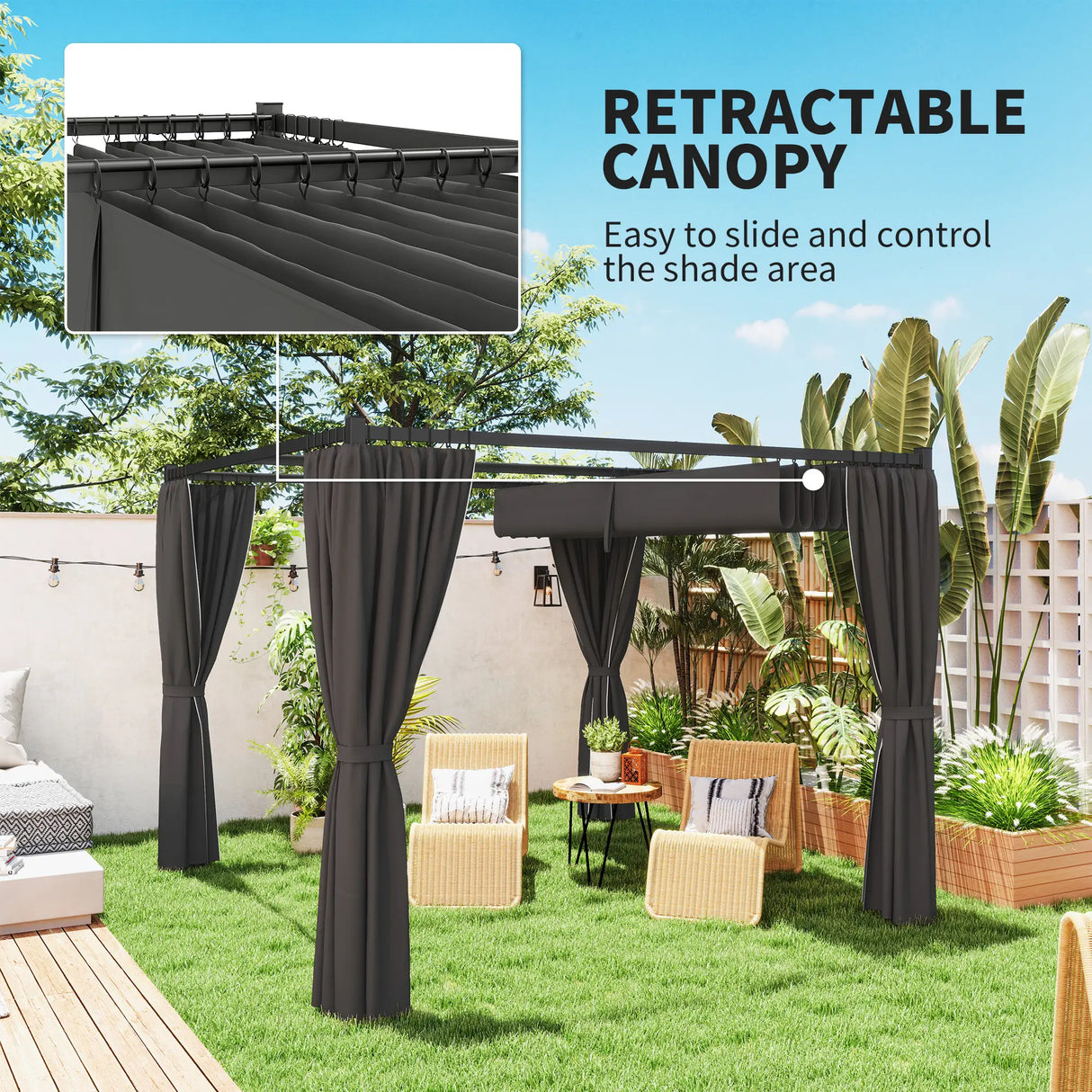 3m x 3m Retractable Pergola with Curtains – Charcoal Patio Shelter