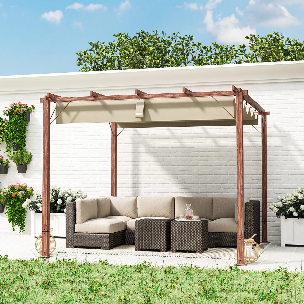 3m x 3m Aluminium Pergola – Retractable Canopy Roof, Wood Effect