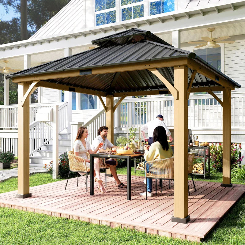 33.5m x 3.5m Wooden Hardtop Gazebo with Two Tier Black Metal Roof - Garden Pavilion Shelter