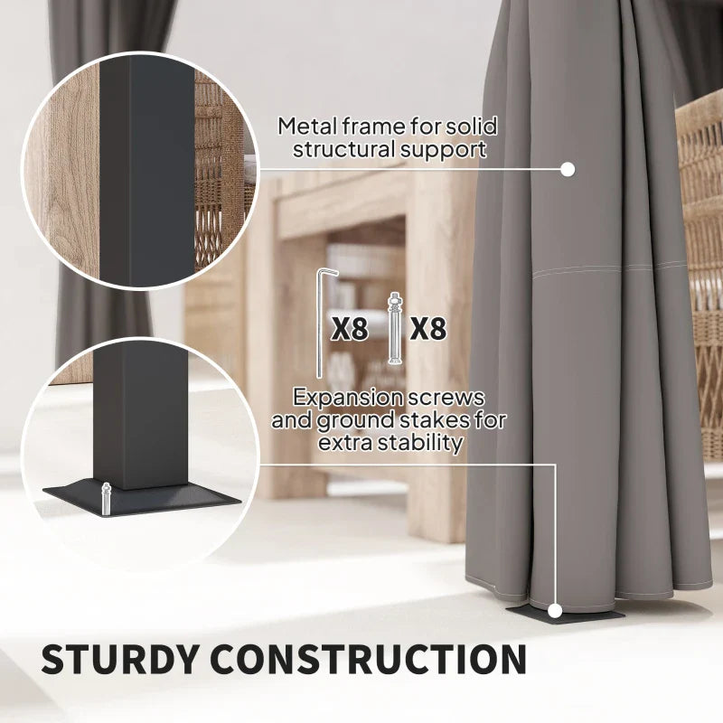 3m x 3m Pergola Canopy with Grey Curtains – Includes 8 Expansion Screws, Outdoor Patio Shade Shelter