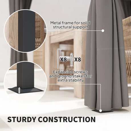 3m x 3m Pergola Canopy with Grey Curtains – Includes 8 Expansion Screws, Outdoor Patio Shade Shelter