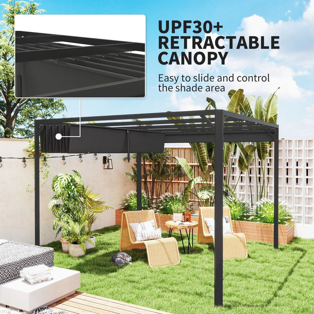 3m x 3m Aluminium Pergola – Dark Grey Retractable Roof with Side Wall, Outdoor Patio Shade Shelter