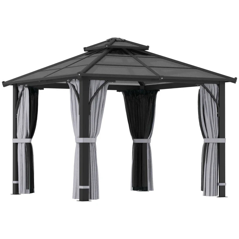Dark Grey 3m x 3m Hardtop Gazebo - 7mm Double Polycarbonate Roof, Permanent Pavilion with Mosquito Netting and Curtains for Patio and Deck