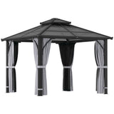 Dark Grey 3m x 3m Hardtop Gazebo - 7mm Double Polycarbonate Roof, Permanent Pavilion with Mosquito Netting and Curtains for Patio and Deck