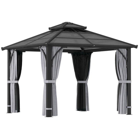 Dark Grey 3m x 3m Hardtop Gazebo - 7mm Double Polycarbonate Roof, Permanent Pavilion with Mosquito Netting and Curtains for Patio and Deck