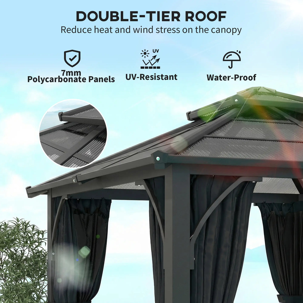 2.5m x 2.5m Hardtop Gazebo with 7mm Polycarbonate Roof – Permanent Garden Pavilion with Curtains & Mosquito Netting, Weatherproof Outdoor Canopy in Dark Grey