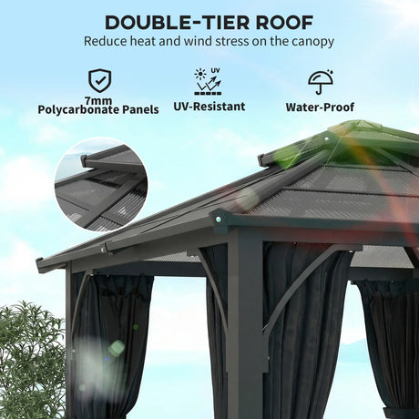 2.5m x 2.5m Hardtop Gazebo with 7mm Polycarbonate Roof – Permanent Garden Pavilion with Curtains & Mosquito Netting, Weatherproof Outdoor Canopy in Dark Grey