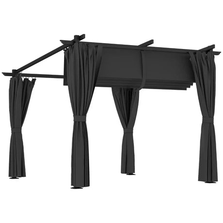 3m x 3m Retractable Roof Pergola – Dark Grey Canopy with Curtains, Outdoor Patio Shade Shelter