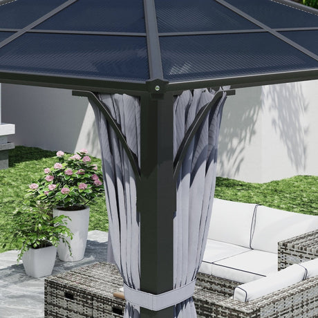Dark Grey 3m x 3m Hardtop Gazebo - 7mm Double Polycarbonate Roof, Permanent Pavilion with Mosquito Netting and Curtains for Patio and Deck