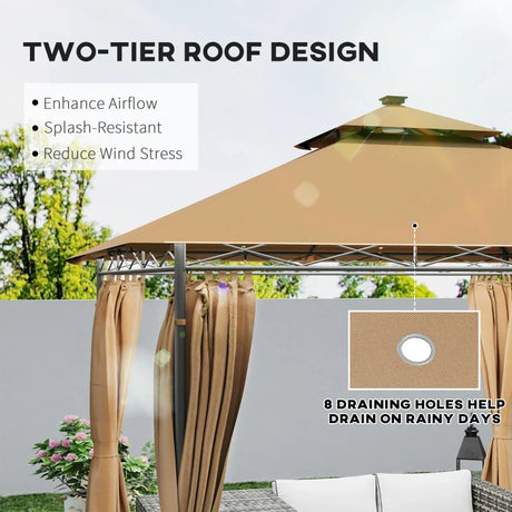 3 x 3 m Brown Garden Gazebo with Double Roof, Curtains & Solar-Powered LED Lights - Outdoor Canopy Shelter for Patio & Deck