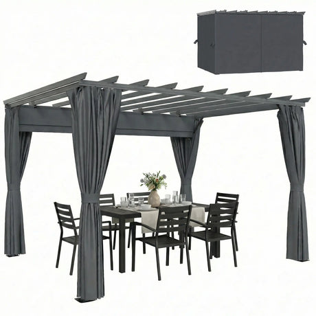 3.6x3m Aluminium Garden Pergola Gazebo with Retractable Roof Canopy & Curtains – Modern Outdoor Sun Shade Shelter, Weather-Resistant Patio Cover, Dark Grey