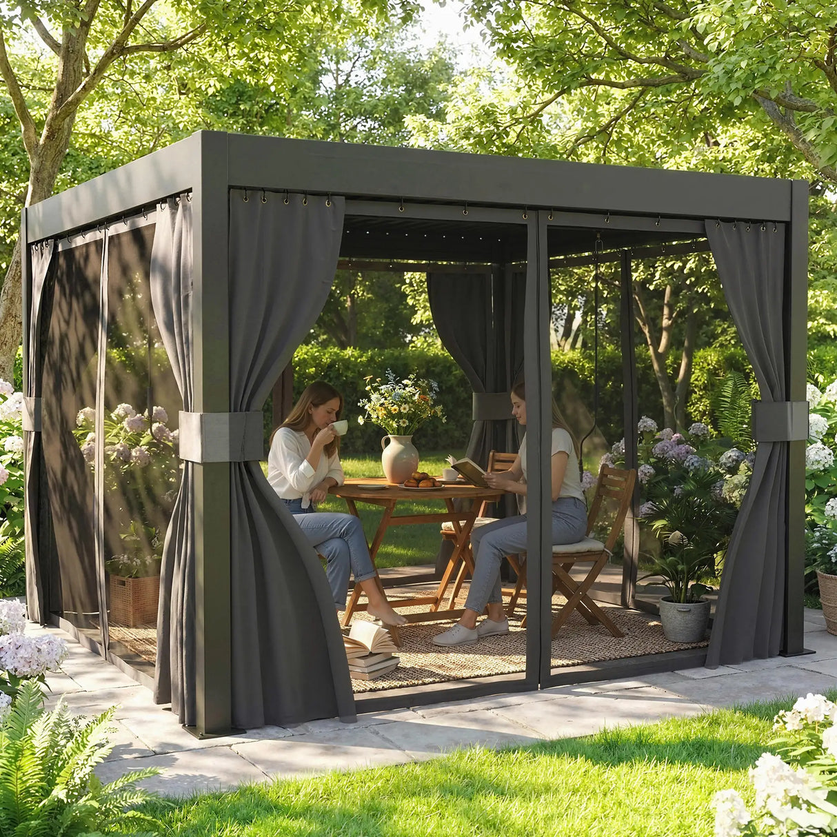 3m x 3m Louvered Pergola with Adjustable Metal Roof – Aluminium Patio Gazebo with Curtains & Netting, Modern Outdoor Garden Shelter in Dark Grey