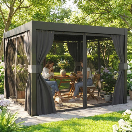 3m x 3m Louvered Pergola with Adjustable Metal Roof – Aluminium Patio Gazebo with Curtains & Netting, Modern Outdoor Garden Shelter in Dark Grey