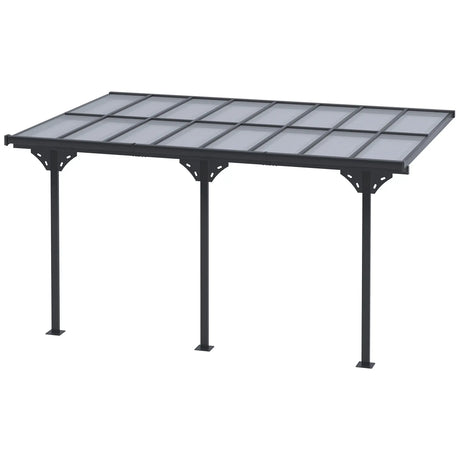 4.35m x 3m Wall Mounted Pergola with Retractable Canopy, Aluminium Frame & Polycarbonate Roof – Grey Patio Cover