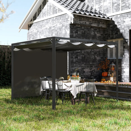 3m x 3m Aluminium Pergola – Dark Grey Retractable Roof with Side Wall, Outdoor Patio Shade Shelter