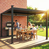 3x3m Black Louvered Pergola with Solar LED Lighting, Waterproof Metal Roof & Built-In Drainage System for Garden Patio