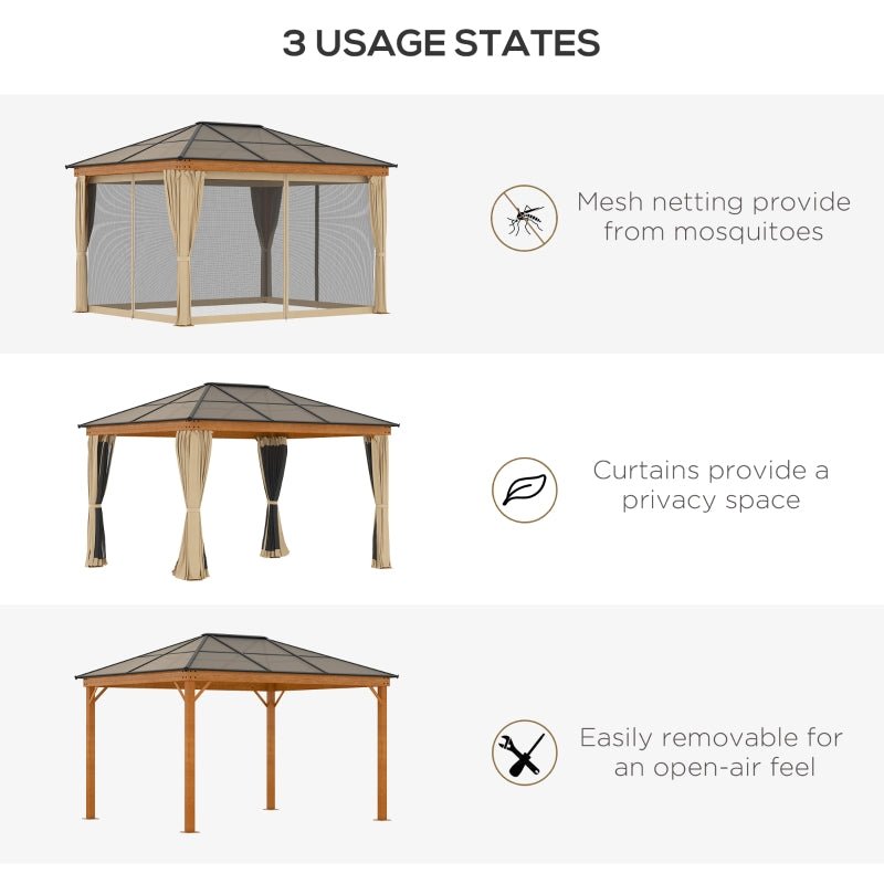 Khaki 3 x 3.6m Hardtop Garden Gazebo with Protective Netting and Convertible Curtains - Trade Warehouse