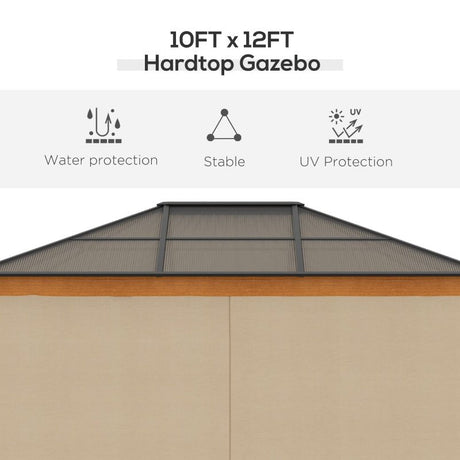 Khaki 3 x 3.6m Hardtop Garden Gazebo with Protective Netting and Convertible Curtains - Trade Warehouse