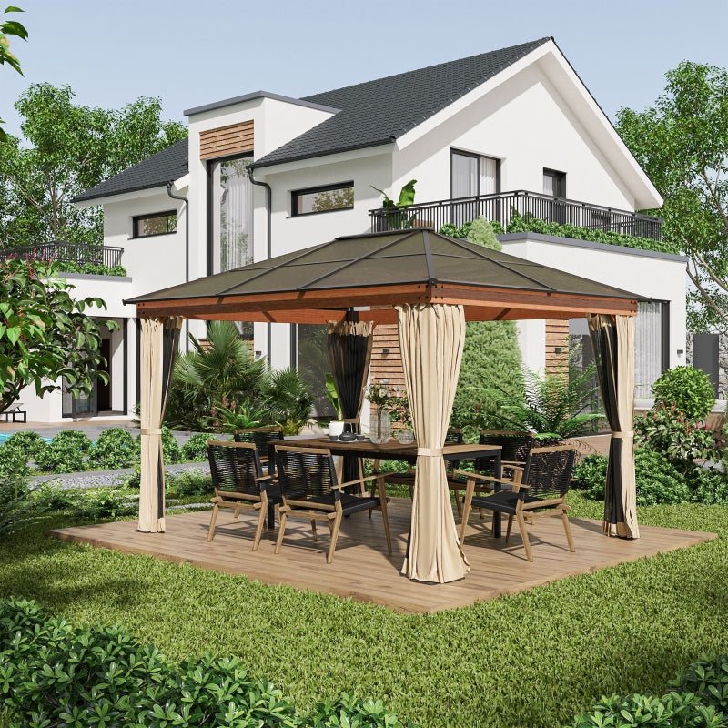 Khaki 3 x 3.6m Hardtop Garden Gazebo with Protective Netting and Convertible Curtains - Trade Warehouse