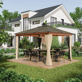 Khaki 3 x 3.6m Hardtop Garden Gazebo with Protective Netting and Convertible Curtains - Trade Warehouse