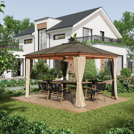 Khaki 3 x 3.6m Hardtop Garden Gazebo with Protective Netting and Convertible Curtains - Trade Warehouse