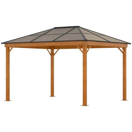 Khaki 3 x 3.6m Hardtop Garden Gazebo with Protective Netting and Convertible Curtains - Trade Warehouse