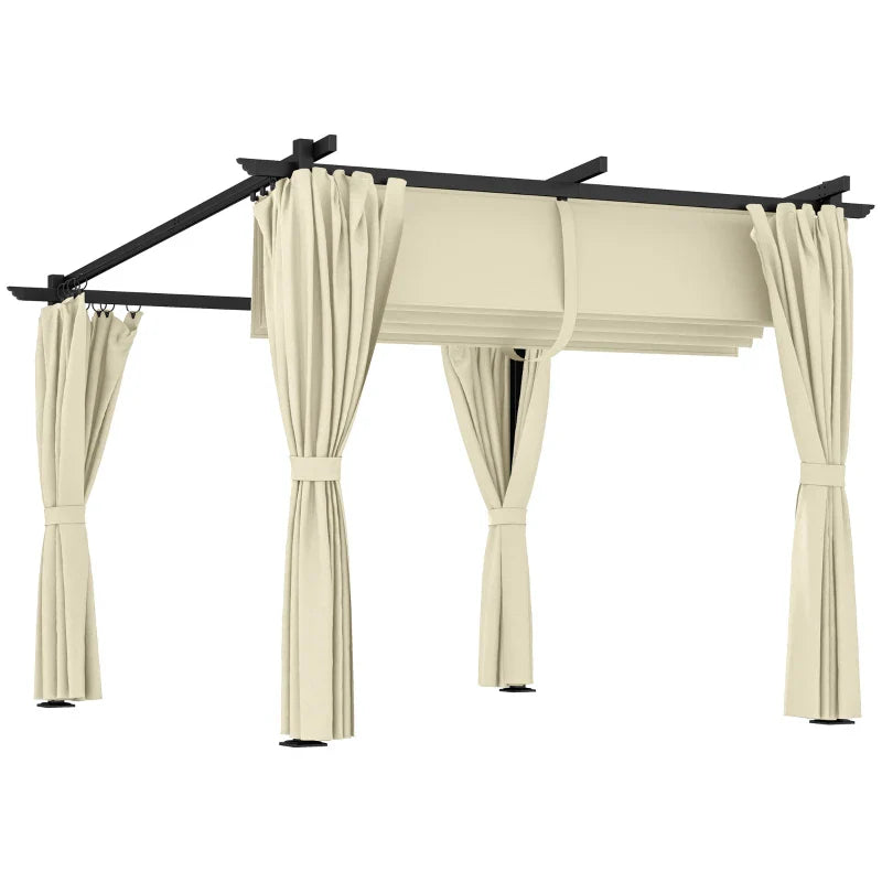 3m x 3m Retractable Roof Pergola – Beige Canopy with Curtains, Outdoor Patio Shade Shelter