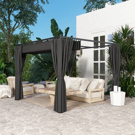 3m x 3m Retractable Pergola with Curtains – Charcoal Patio Shelter