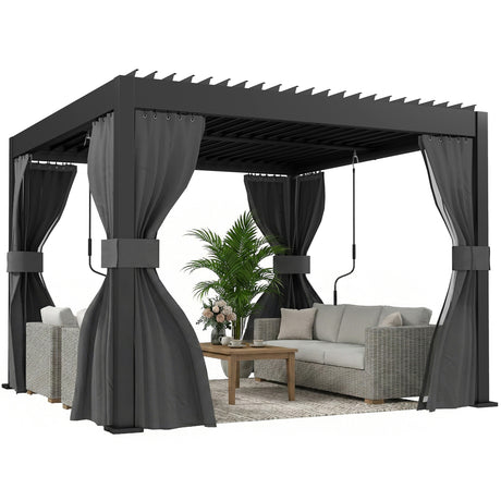3m x 3m Louvered Pergola with Adjustable Metal Roof – Aluminium Patio Gazebo with Curtains & Netting, Modern Outdoor Garden Shelter in Dark Grey