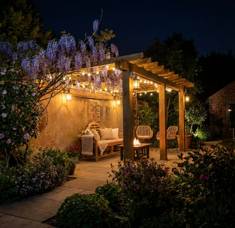 Wooden Lean-To Pergola with Open Slat Roof - Outdoor Garden Pergola Structure