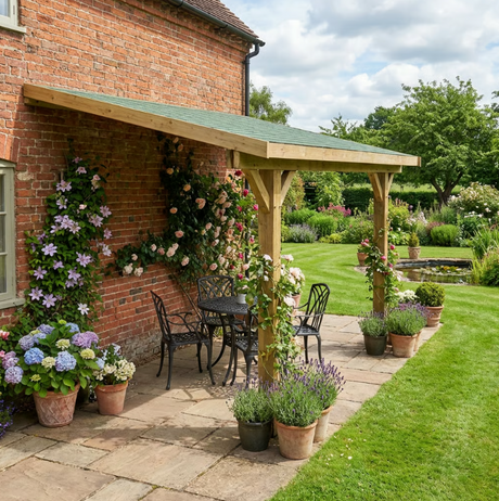 Wooden Lean-To Gazebo with Katepal Green Shingle Roof - Premium Wall-Mounted Garden Gazebo