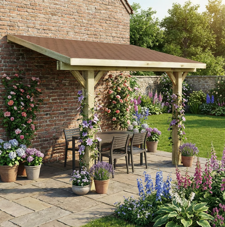 Wooden Gazebo – Katepal Brown Shingle Roof – Lean-To Design - Premium Weatherproof Garden Shelter