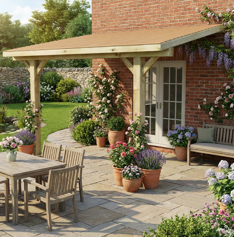 Wooden Lean-To Gazebo with Cedar Featheredge Roof – Space-Saving Garden Shelter