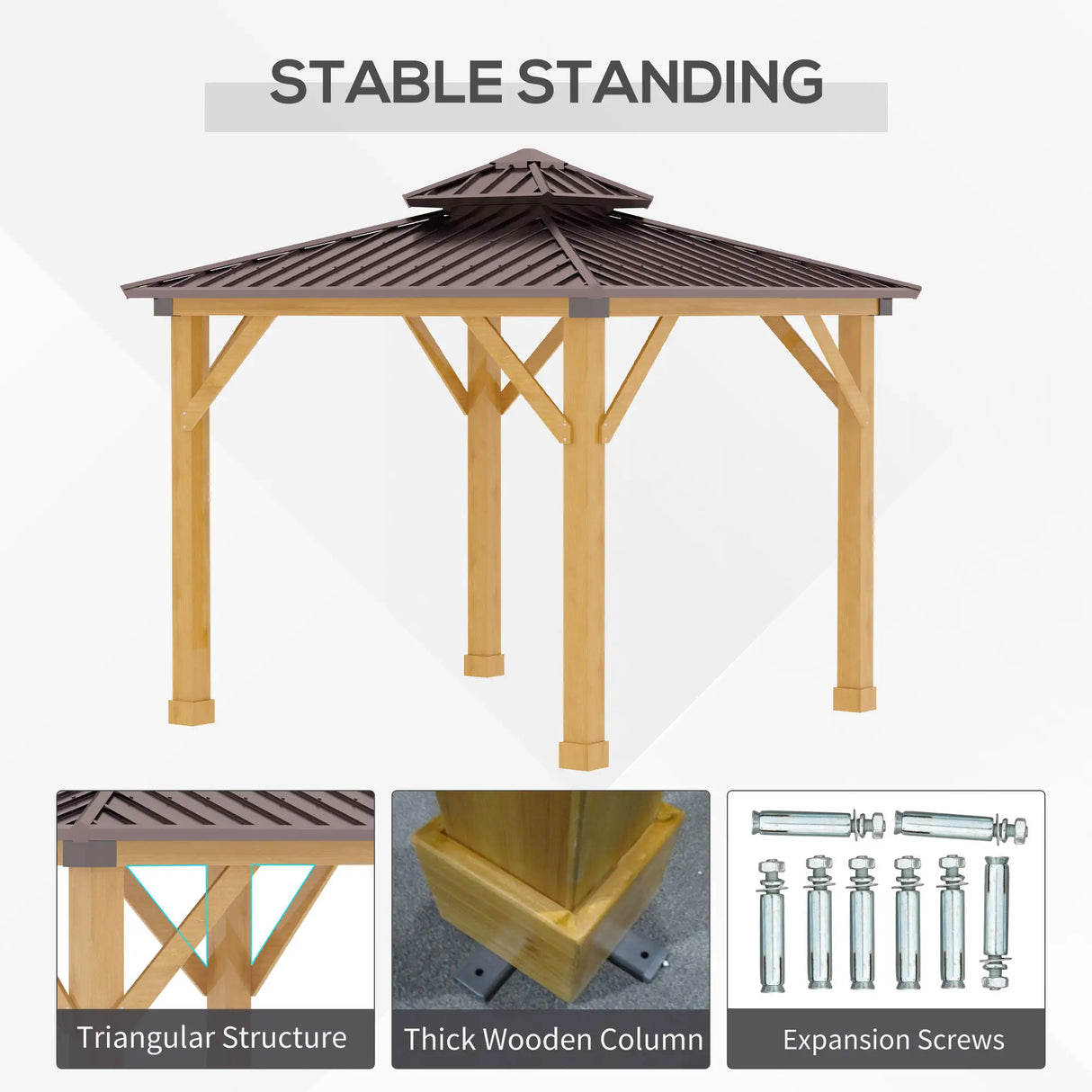 Brown 3m x 3m Hard Top Gazebo With 2-Tier Roof and Solid Wood Frame