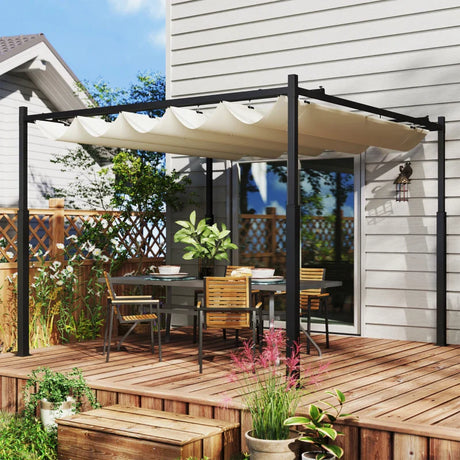 3m x 3m Retractable Roof Garden Pergola – Cream White Sun Shade Canopy, Outdoor Patio Shelter