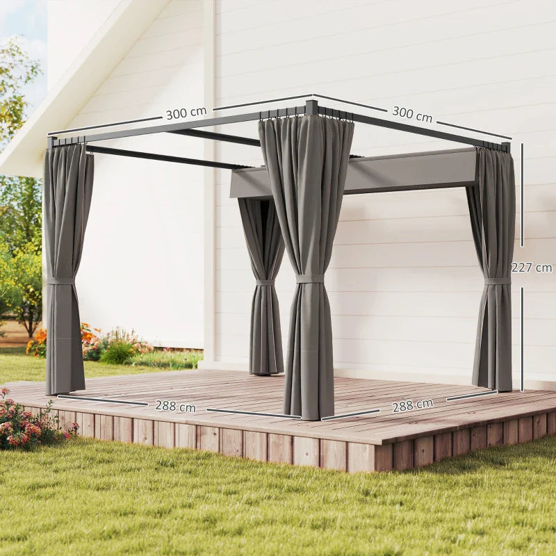 3m x 3m Pergola Canopy with Grey Curtains – Includes 8 Expansion Screws, Outdoor Patio Shade Shelter