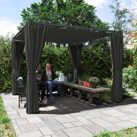 3m x 3m Retractable Pergola with Curtains – Charcoal Patio Shelter