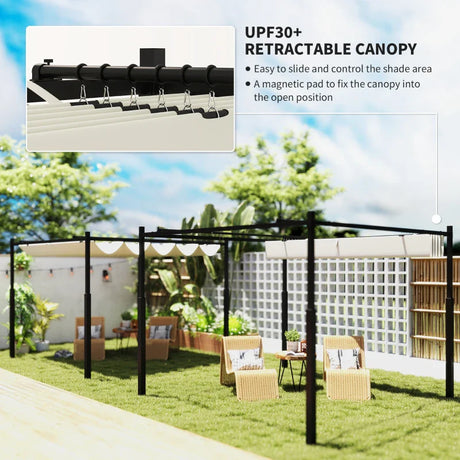 3m x 3m Retractable Roof Garden Pergola – Cream White Sun Shade Canopy, Outdoor Patio Shelter