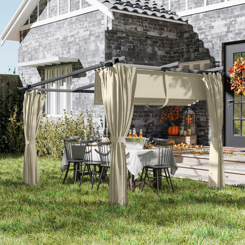 3m x 3m Retractable Roof Pergola – Beige Canopy with Curtains, Outdoor Patio Shade Shelter