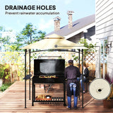 8' x 5' Beige Double Tiered BBQ Grill Gazebo Canopy with LED Lights, 2 Side Shelves & Hooks