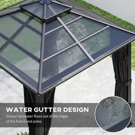 2.5m x 2.5m Hardtop Gazebo with 7mm Polycarbonate Roof – Permanent Garden Pavilion with Curtains & Mosquito Netting, Weatherproof Outdoor Canopy in Dark Grey