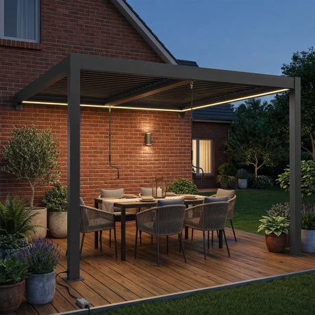 3x3m Wall Mounted Louvered Pergola with LED Lights, Aluminium Frame & Adjustable Metal Roof – Dark Grey Patio Gazebo