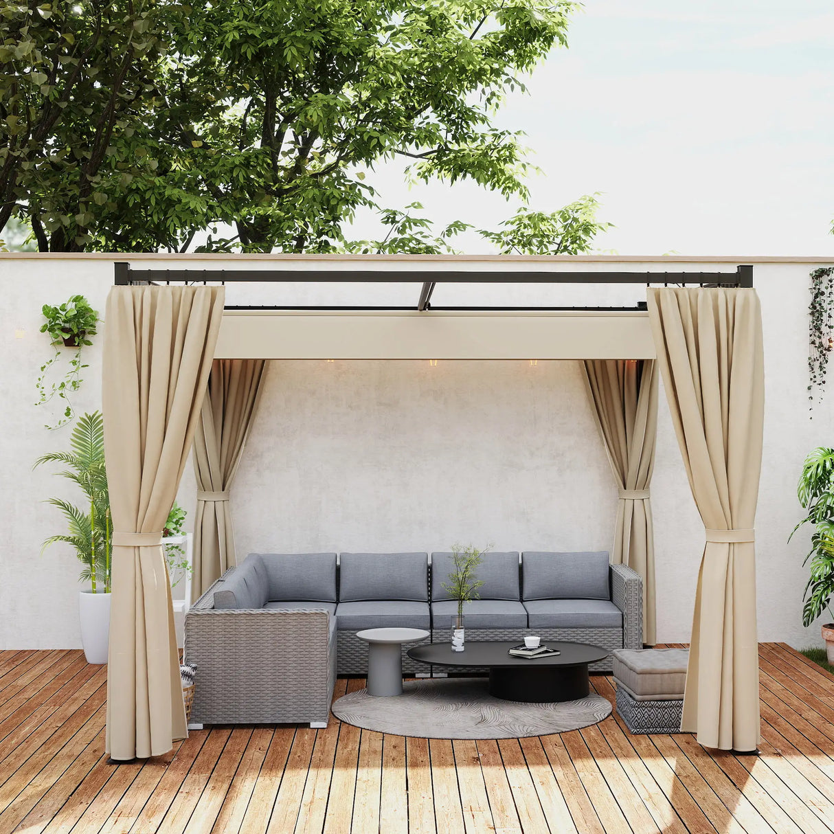 3m x 3m Retractable Metal Pergola Gazebo with Curtains – Outdoor Patio & Deck Shelter, Adjustable Canopy Shade for BBQ & Grill Area, Beige