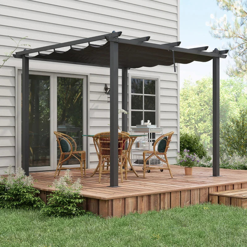 3m x 3m Aluminium Pergola – Dark Grey Retractable PU Canopy Roof with Drainage Grommets, Outdoor Patio Shade Shelter