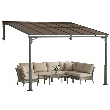 3.4m x 3m Wall-Mounted Lean-To Pergola with Polycarbonate Hardtop Roof – Heavy Duty Aluminium Garden Gazebo, Weather-Resistant Patio & BBQ Shelter, Modern Brown