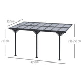 4.35m x 3m Wall Mounted Pergola with Retractable Canopy, Aluminium Frame & Polycarbonate Roof – Grey Patio Cover