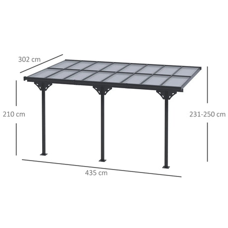 4.35m x 3m Wall Mounted Pergola with Retractable Canopy, Aluminium Frame & Polycarbonate Roof – Grey Patio Cover