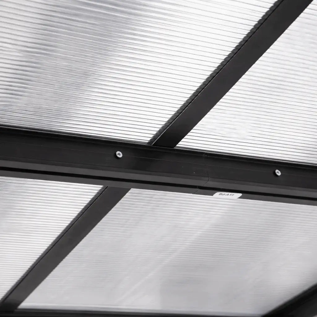 4.35m x 3m Wall Mounted Pergola with Retractable Canopy, Aluminium Frame & Polycarbonate Roof – Grey Patio Cover